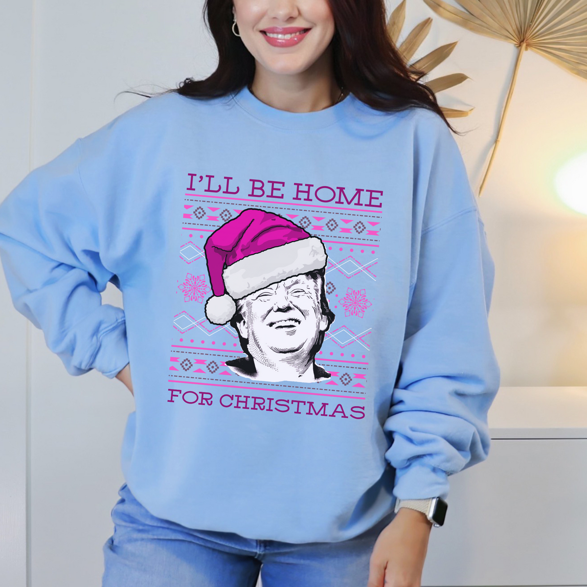 Light Blue and Pink Trump Christmas Crewneck