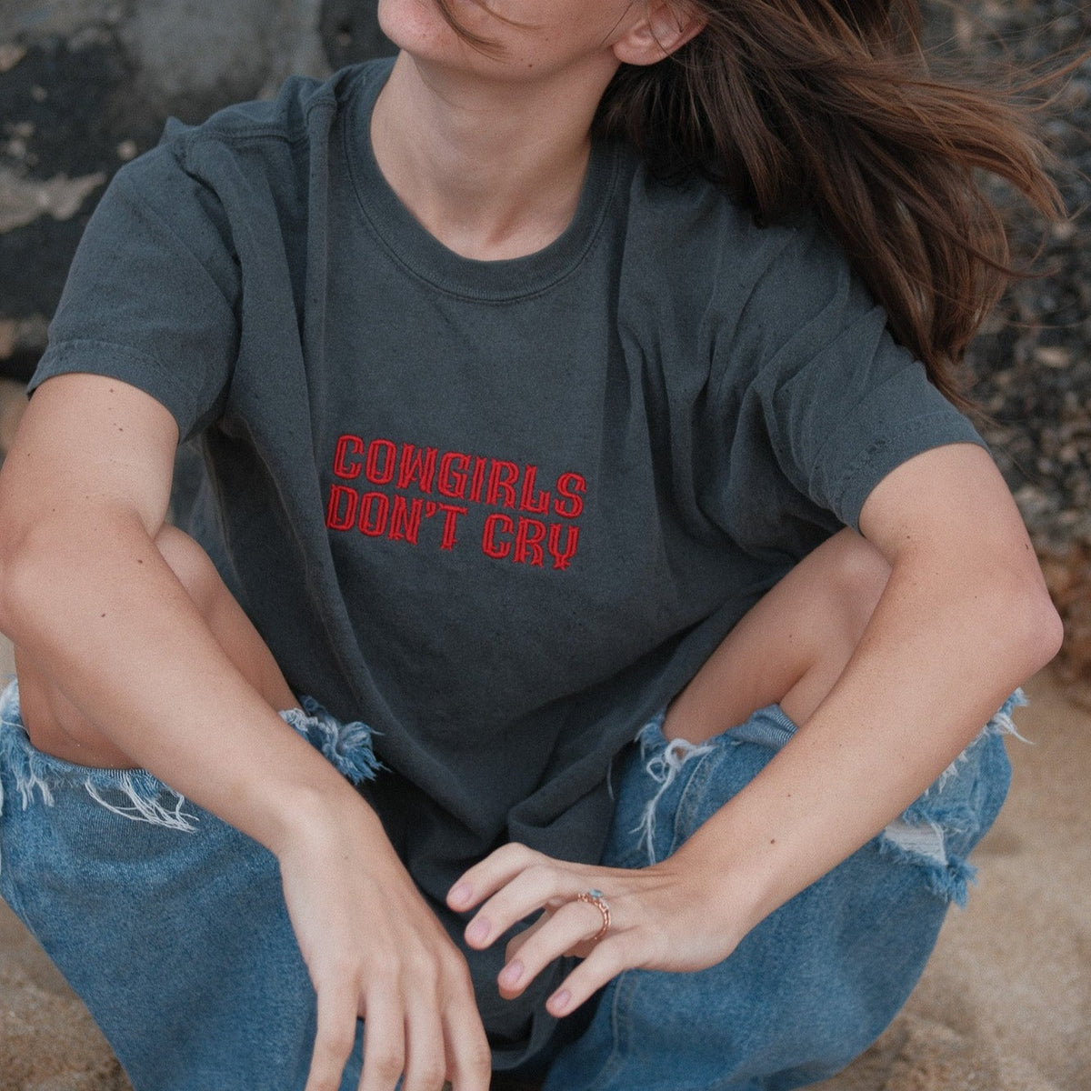 "Cowgirls Don't Cry" Embroidered T-Shirt